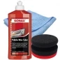 Preview: SONAX 500ml Polish + Wax Color ROT + Craft-Equip Ø90mm Polierpuck ROT + Craft-Equip Microfasertuch BLAU
