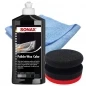 Preview: SONAX 500ml Polish + Wax Color SCHWARZ + Craft-Equip Ø90mm Polierpuck ROT + Craft-Equip Microfasertuch BLAU