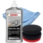 Preview: SONAX 500ml Polish + Wax Color SILBER + Craft-Equip Ø90mm Polierpuck ROT + Craft-Equip Microfasertuch BLAU