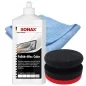 Preview: SONAX 500ml Polish + Wax Color WEISS + Craft-Equip Ø90mm Polierpuck ROT + Craft-Equip Microfasertuch BLAU
