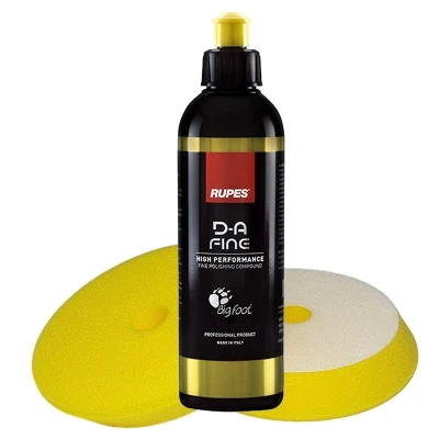 RUPES 250ml D-A FINE Politur + 2 Stück Craft-Equip PRO Ø125mm DA Polierschwamm POLISH GELB