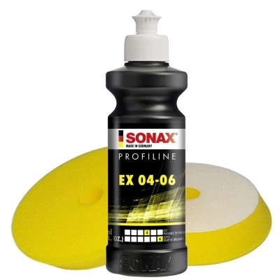 SONAX 250ml EX 04-06 Politur + 2 Stück Craft-Equip PRO Ø125mm DA Polierschwamm POLISH GELB