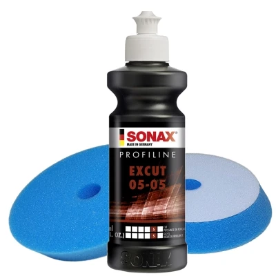 SONAX 250ml EXCUT 05-05 Politur + 2 Stück Craft-Equip PRO Ø125mm DA Polierschwamm XTRA-CUT BLAU