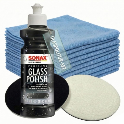 Preview: SONAX 250ml Glass Polish + 2 Stück Flexipads Ø75mm Glas-Polierpads + 20 Stück Microfasertücher