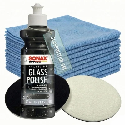 SONAX 250ml Glass Polish + 2 Stück Flexipads Ø75mm Glas-Polierpads + 20 Stück Microfasertücher