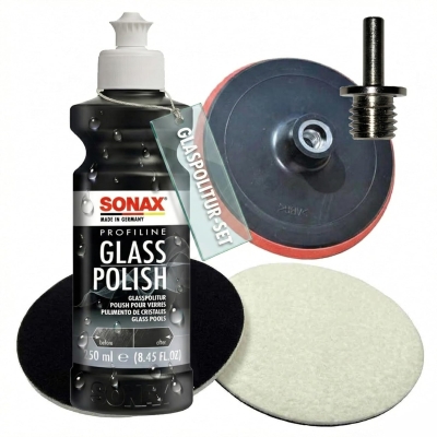 Preview: SONAX 250ml Glass Polish + 2 Stück Flexipads Ø135mm Glas-Polierpads + Stützteller + Adapter