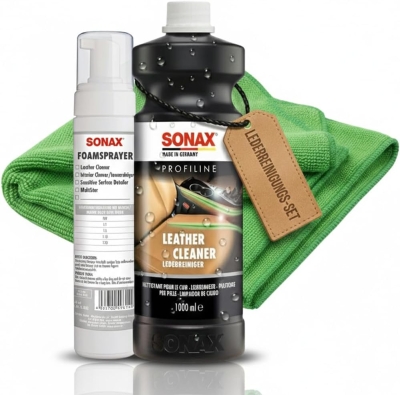 Preview: SONAX 1000ml Profiline Leather Cleaner + SONAX FOAMSPRAYER + Craft-Equip Microfasertuch