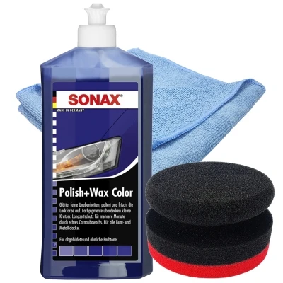 SONAX 500ml Polish + Wax Color BLAU + Craft-Equip Ø90mm Polierpuck ROT + Craft-Equip Microfasertuch BLAU1