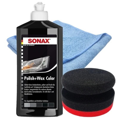 SONAX 500ml Polish + Wax Color SCHWARZ + Craft-Equip Ø90mm Polierpuck ROT + Craft-Equip Microfasertuch BLAU