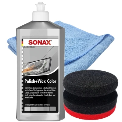 SONAX 500ml Polish + Wax Color SILBER + Craft-Equip Ø90mm Polierpuck ROT + Craft-Equip Microfasertuch BLAU