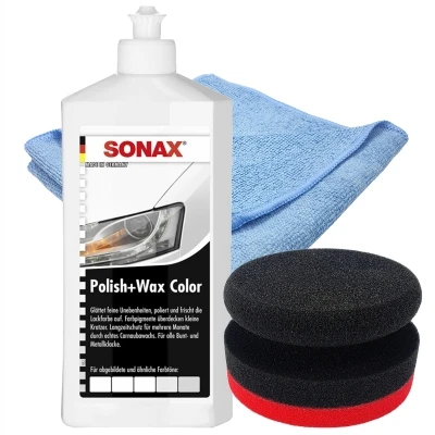 SONAX 500ml Polish + Wax Color WEISS + Craft-Equip Ø90mm Polierpuck ROT + Craft-Equip Microfasertuch BLAU