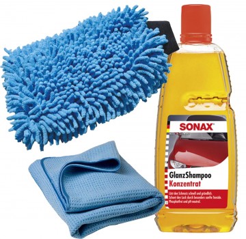 SONAX 1000ml Glanz Shampoo + Handschuh + Trocken Tuch Set