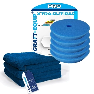 8er Pack Craft-Equip PRO Ø150mm DA Polierschwämme XTRA-CUT BLAU + Microfasertücher