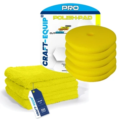 8er Pack Craft-Equip PRO Ø150mm DA Polierschwämme POLISH GELB + Microfasertücher