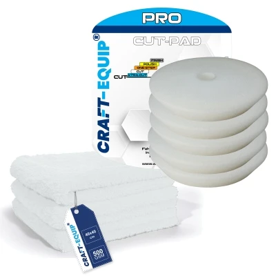 8er Pack Craft-Equip PRO Ø150mm DA Polierschwämme CUT WEISS + Microfasertücher