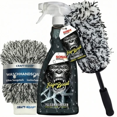 SONAX 1000ml FelgenBeast + Craft-Equip Microfaser Felgenbürste + Craft-Equip Waschhandschuh