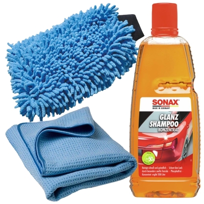 Preview: SONAX 1000ml Glanz Shampoo + Handschuh + Trocken Tuch Set