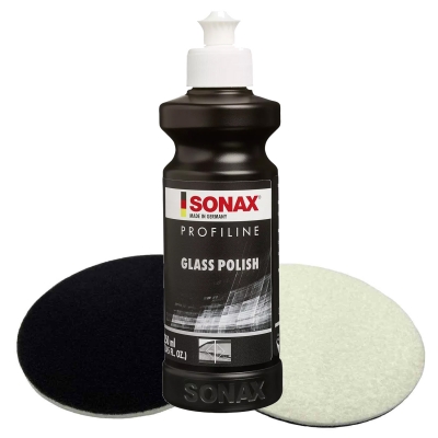 SONAX 250ml Glass Polish + 2 Stück Flexipads Ø135mm Glas-Polierpads