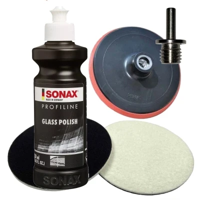 SONAX 250ml Glass Polish + 2 Stück Flexipads Ø135mm Glas-Polierpads + Craft-Equip Ø125mm Stützteller + Adapter 6mm auf M14