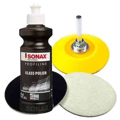 SONAX 250ml Glass Polish + 2 Stück Flexipads Ø75mm Glas-Polierpads + Craft-Equip 75mm Stützteller mit 6mm Spanndorn