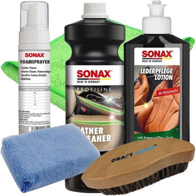 Preview: SONAX 1000ml Profiline Leather Cleaner + SONAX 250ml LederPflegeLotion + Zubehör