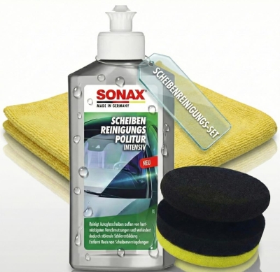 Preview: SONAX 250ml Scheiben-Reinigungspolitur + Craft-Equip Ø90mm Polierpuck + Craft-Equip Microfasertuch