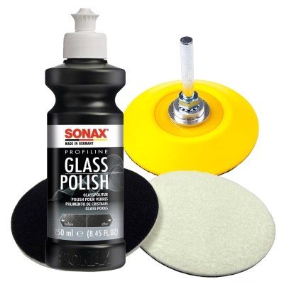Preview: SONAX 250ml Glass Polish + 2 Stück Flexipads Ø75mm Glas-Polierpads + Craft-Equip Stützteller