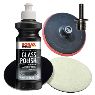 Preview: SONAX 250ml Glass Polish + 2 Stück Flexipads Ø135mm Glas-Polierpads + Stützteller + Adapter