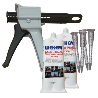 Wekem Handpistole Kunststoff + 2 Stück Wekem 50ml Multi-Plast + 4 Mischdüsen