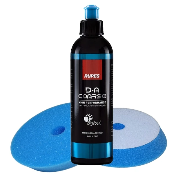 RUPES 250ml D-A COARSE Politur + 2 Stück Craft-Equip PRO Ø125mm DA Polierschwamm XTRA-CUT BLAU