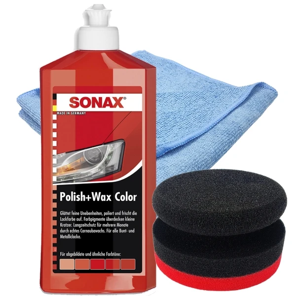SONAX 500ml Polish + Wax Color ROT + Craft-Equip Ø90mm Polierpuck ROT + Craft-Equip Microfasertuch BLAU