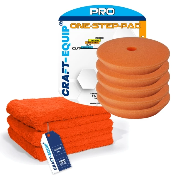 8er Pack Craft-Equip PRO Ø80mm DA Polierschwämme ONE-STEP ORANGE + Microfasertücher 8er Pack Craft-Equip PRO Ø80mm DA Polierschwämme ONE-STEP ORANGE + Microfasertücher