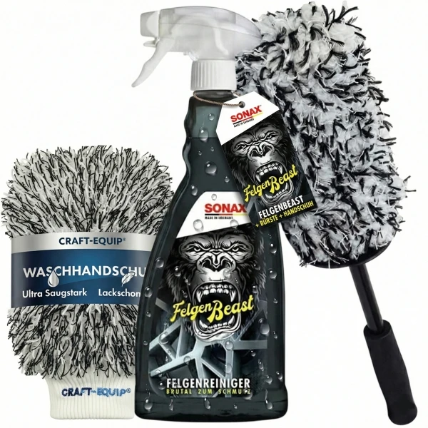 SONAX 1000ml FelgenBeast + Craft-Equip Microfaser Felgenbürste + Craft-Equip Waschhandschuh