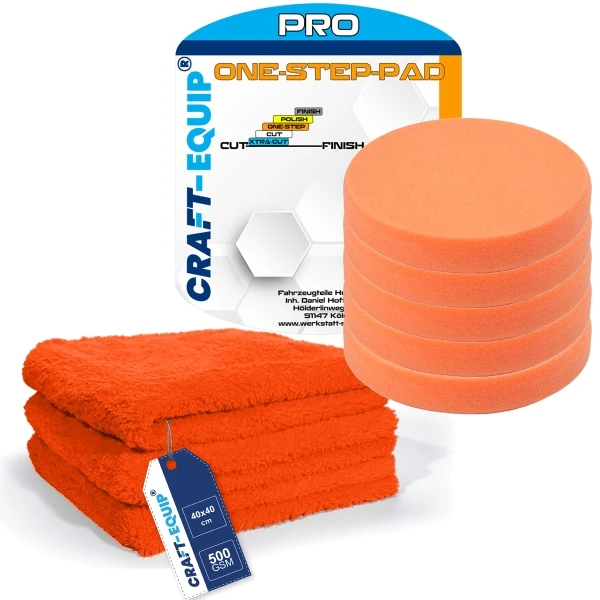 8er Pack Craft-Equip PRO Ø80mm RO Polierschwämme ONE-STEP ORANGE + Microfasertücher 8er Pack Craft-Equip PRO Ø80mm RO Polierschwämme ONE-STEP ORANGE + Microfasertücher