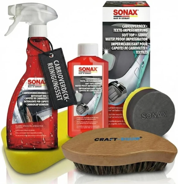 SONAX 250ml Cabrioverdeck + Textil - Imprägnierung + SONAX 500ml Cabrioverdeckreiniger + Lederbürste + Schwamm