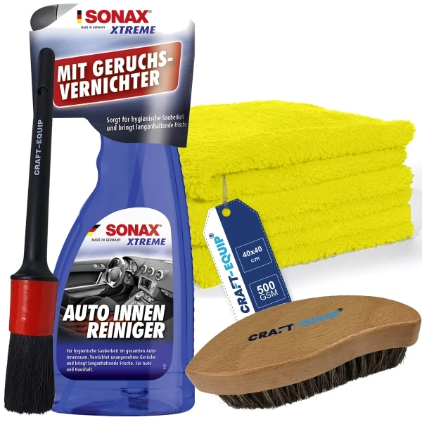 SONAX Xtreme 500ml Auto Innen Reiniger + Microfasertücher + Lederbürste + Pinsel SONAX Xtreme 500ml Auto Innen Reiniger + Microfasertücher + Lederbürste + Pinsel