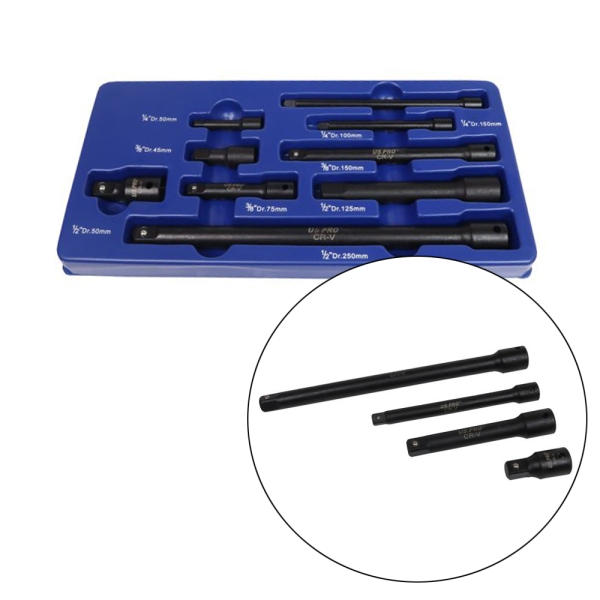 US PRO 9er Set Schlagschrauber-Verlängerungen 1/4" + 3/8" + 1/2"