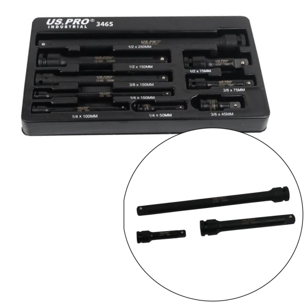US PRO 9er Set Schlagschrauber-Verlängerungen 1/4" + 3/8" + 1/2"